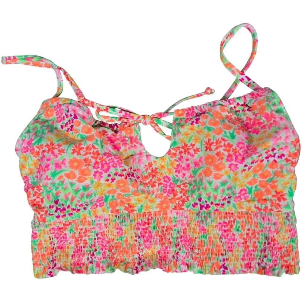 Salt + Cove Juniors Sun Floral Garden Smocked Cami Bikini Swim Top in Neon M NWT